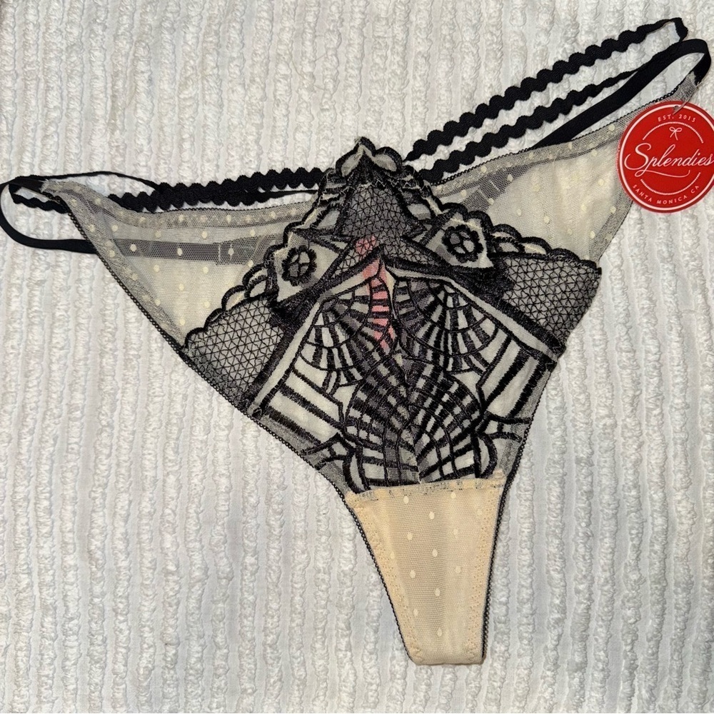 Splendies Black Sheer Mesh & Lace Thong 1X | Sexy Embroidered Detail | NWT